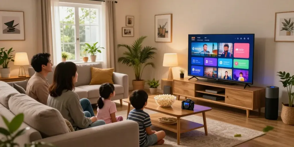 Vue de famille regardant Atlas IPTV ensemble dans un salon confortable, ambiance chaleureuse.