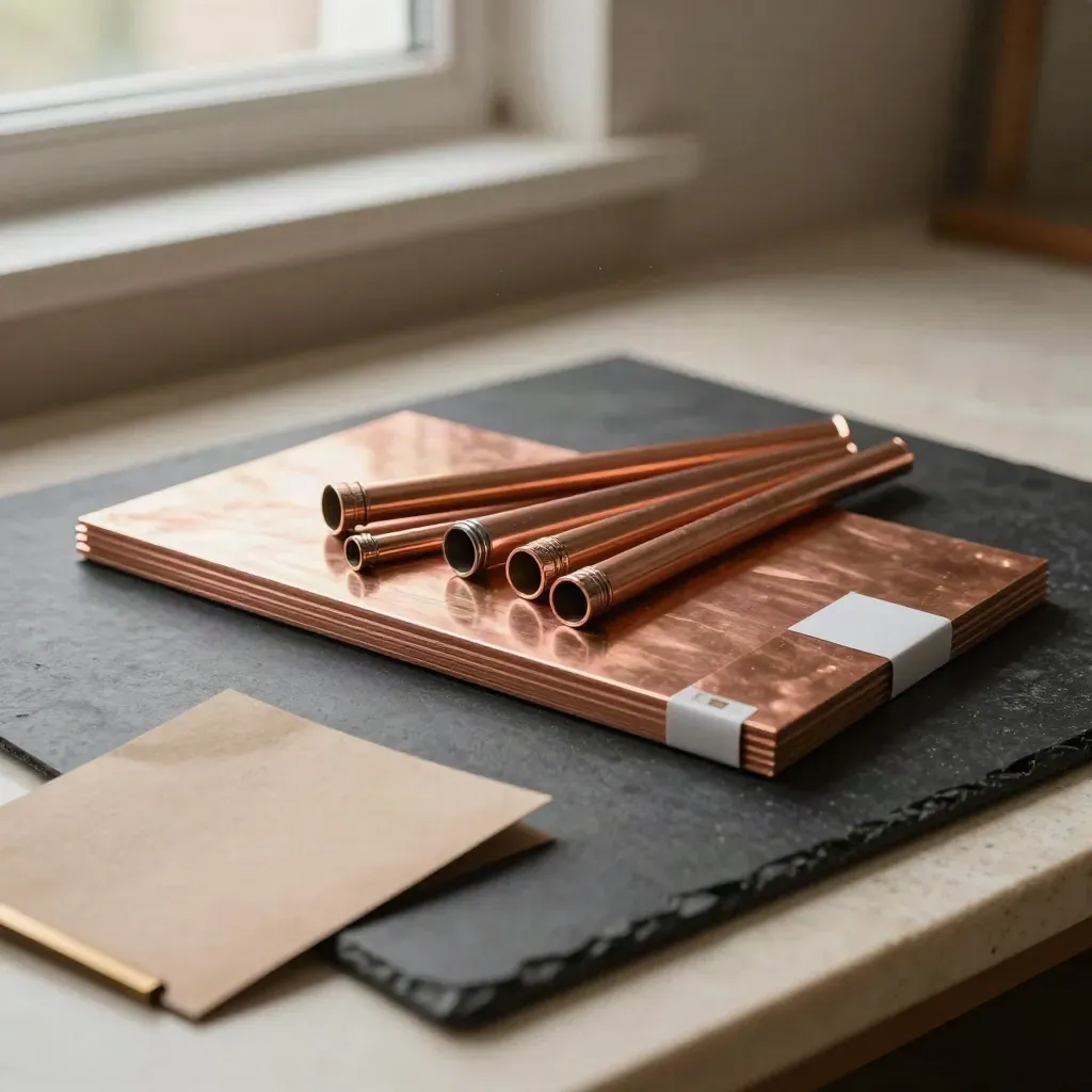 Pack atelier cuivre ouvert avec plaques, tubes et raccords en éventail sur fond clair.