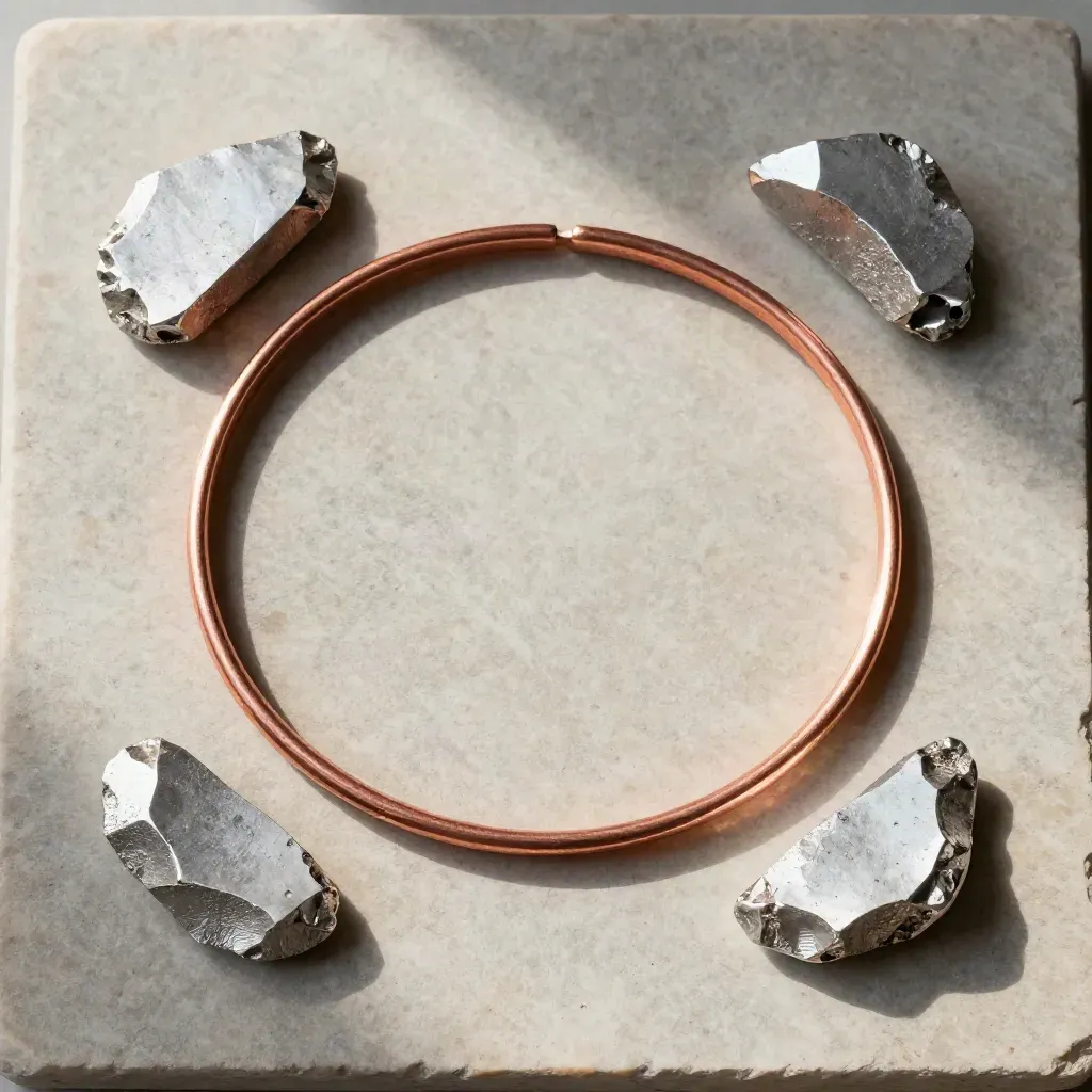 Bande de cuivre en S entre deux fragments de zinc, vue du dessus sur pierre claire.