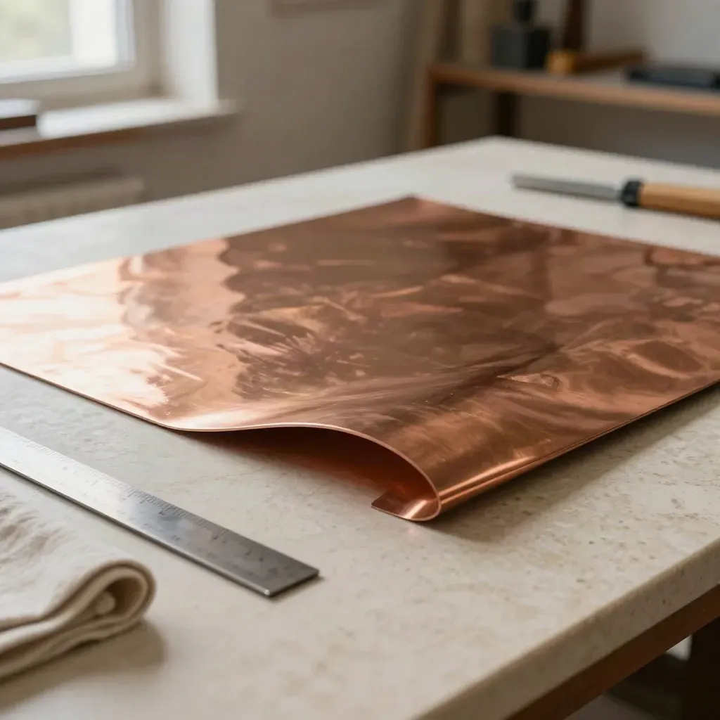 Plaque de cuivre courbée sur travertin, en atelier lumineux.