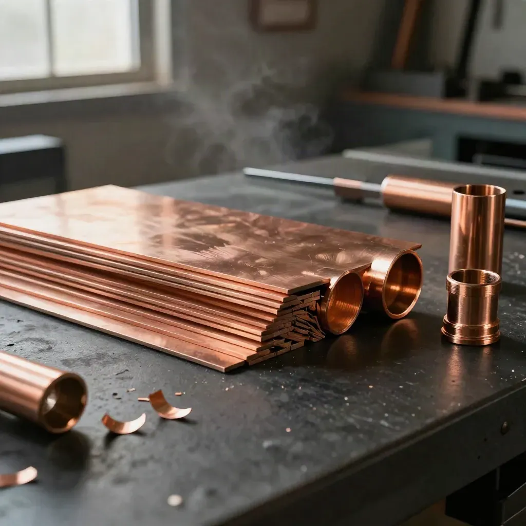 Plaques, tubes et pièces en cuivre fraîchement découpés, en éventail sur établi noir.
