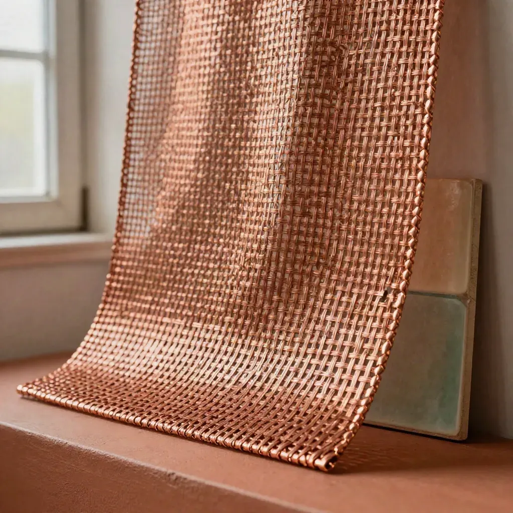 Panneau de maille cuivre déco drapé sur un support en terre cuite, lumière douce et fond patiné