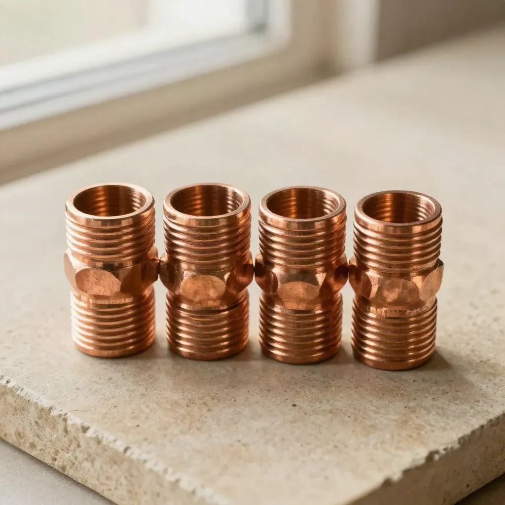Quatre raccords cuivre alignés sur une dalle pierre mate, vue zénithale premium.