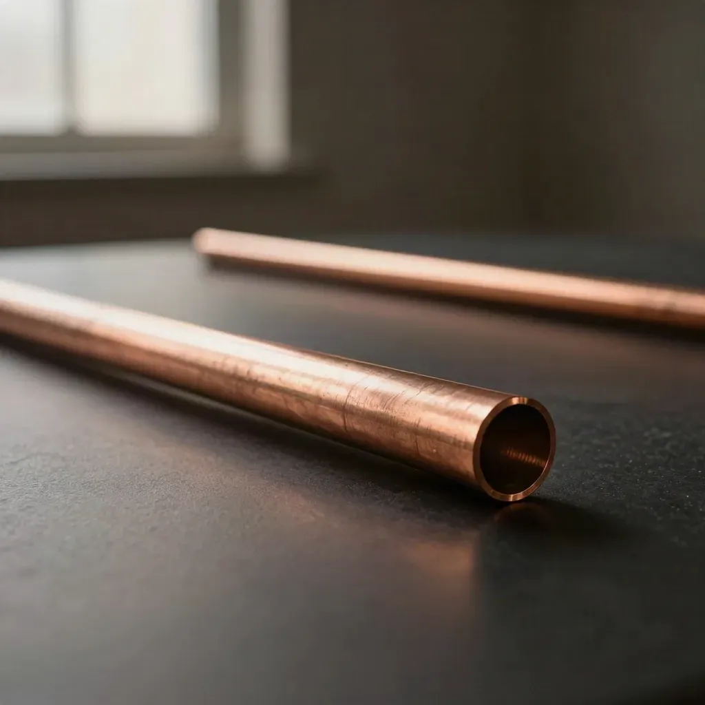 Tube de cuivre rigide sur fond anthracite, avec une seconde barre floue derrière.