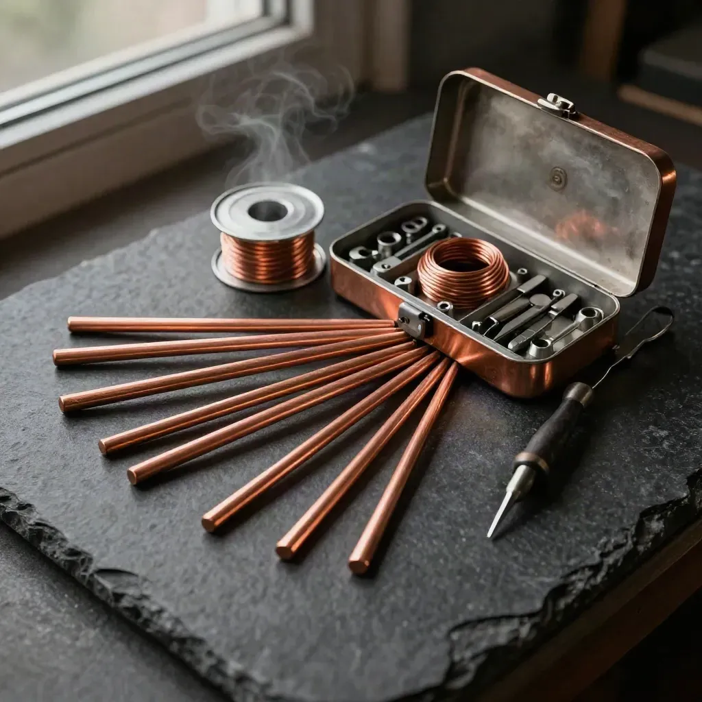 Kit de soudure cuivre ouvert avec baguettes, fil et accessoires sur fond sombre.