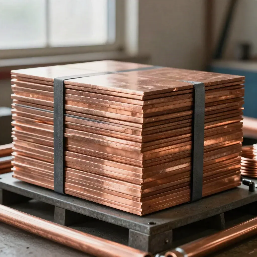 Lots de cuivre variés empilés, vue rapprochée en atelier, finition anthracite et lumière douce.