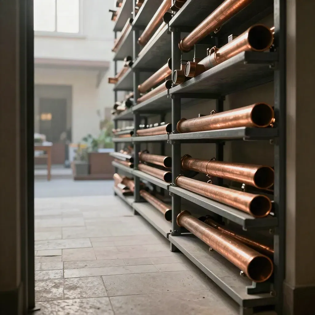 Atelier ouvert sur cour pavée, tubes de cuivre en hauteur, passage lumineux et brume du matin.