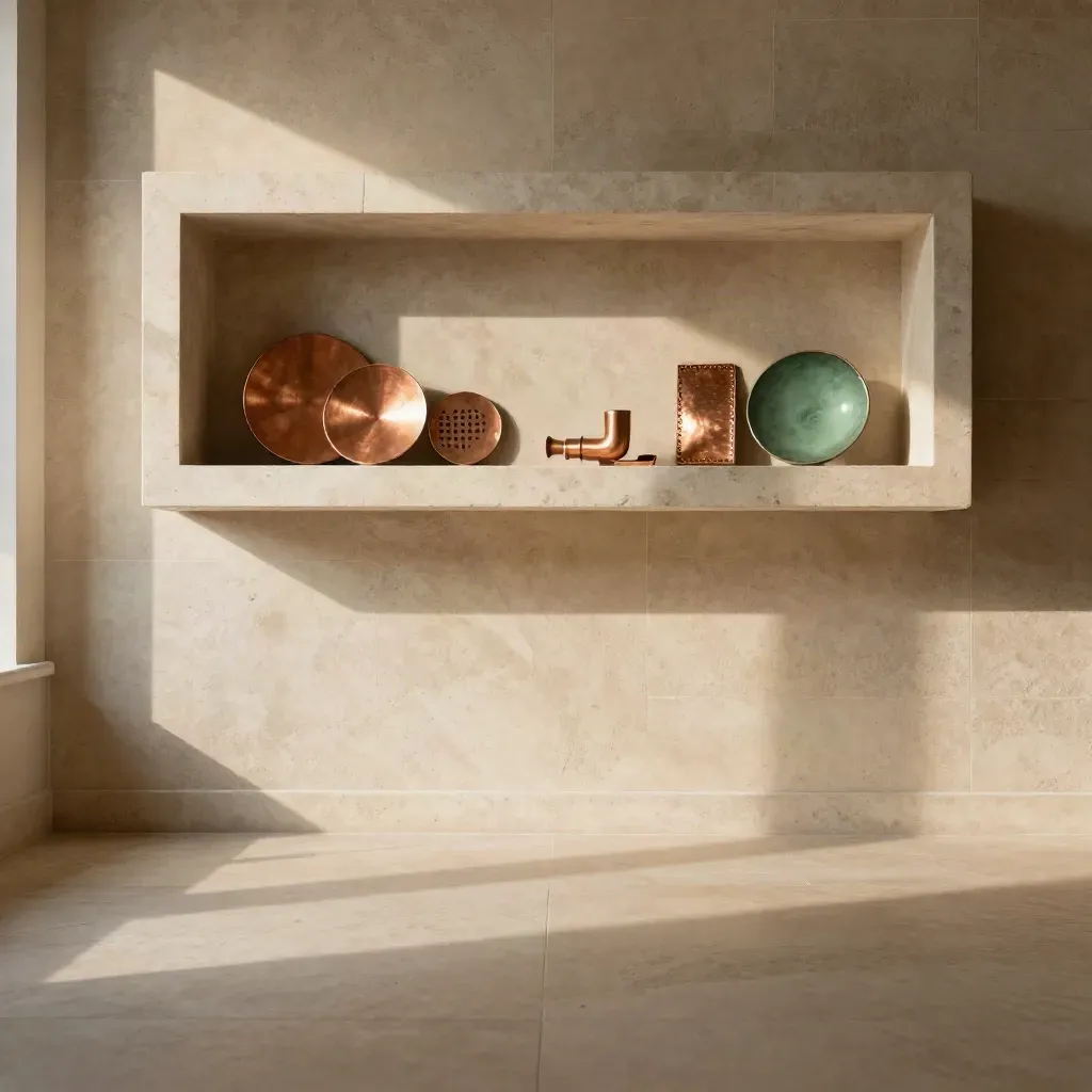 Intérieur artisanal en pierre, niche de déco cuivre, lumière dorée, bas calme pour le texte.