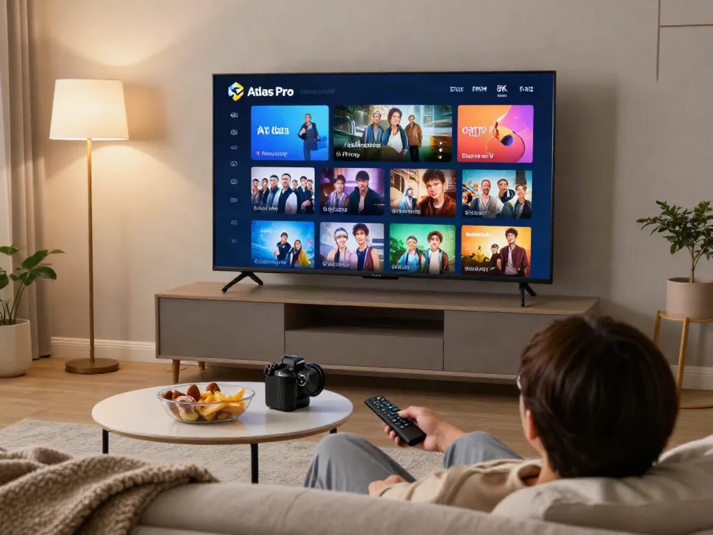 Configuration moderne de divertissement à la maison avec Atlas Pro affiché sur un téléviseur 4K.