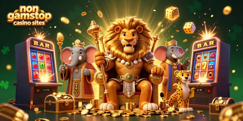 Exciting scene showcasing non gamstop casino sites with a lion king, elephant advisor, and cheetah messenger, surrounded by vibrant gaming elements.